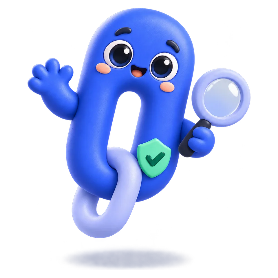 Fia, la mascotte de Fiablink : un maillon de chaîne bleu qui salue, loupe à la main